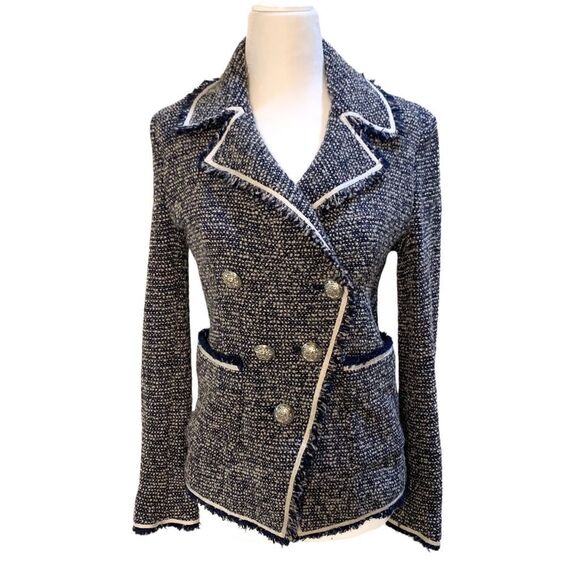 Veronica Beard Jackets & Blazers - Veronica Beard Carroll Tweed Boucle Blazer Size 0 Navy White Knit Fringe Jacket